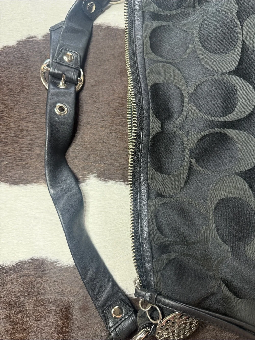 Coach Black Signature Jacquard Hobo with Tassel and Round Charm